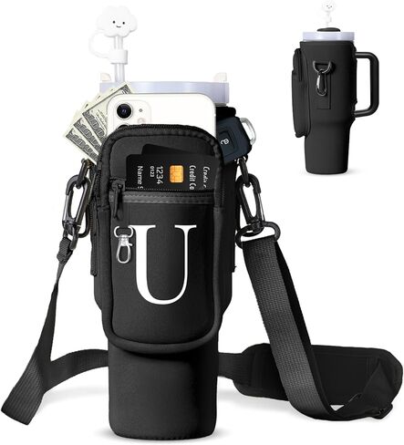 dabria الأولي a-z حقيبة زجاجة المياه مع جيب الهاتف لستانلي 40 أوقية بهلوان النيوبرين زجاجة ماء الحقيبة حامل مع حزام قابل للتعديل بولوس مع غطاء القش وحلقة تسلق لملحقات كأس ستانلي in Kuwait