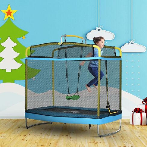 ترامبولين 3 في 1 للأطفال من Qaba، ترامبولين للأطفال مقاس 6.9 بوصة مع حاوية، أرجوحة، بار الجمباز، ترامبولين للأطفال الصغار للاستخدام الخارجي/الداخلي، أزرق فاتح in Kuwait