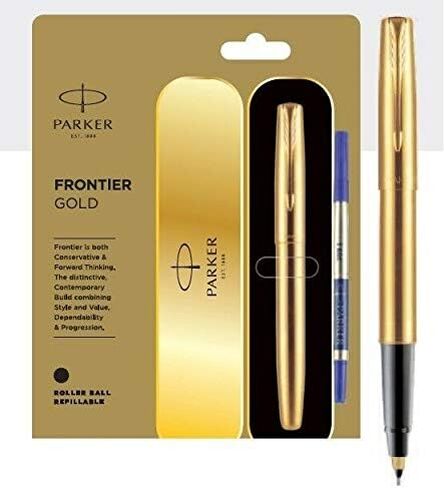 Parker Roller Ball Pen, Frontier Gold, Refillable Metal Barrel, Blue Ink, Gold Finish in Saudi Arabia