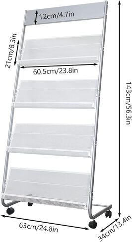 Yinghao Floor-Standing Magazine Rack, 4-Layer Iron Wheeled Newspaper Rack, Suitable for the Display of Brochures or Documents in Exhibitions, Shopping Malls, Hospitals, Offices (Silver) in Saudi Arabia