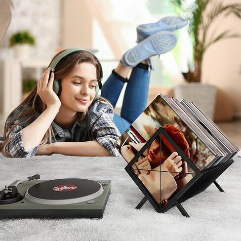 حامل تخزين تسجيلات الفينيل من إليتيرو، رف تسجيل خشبي على الطراز القديم، يحمل ما يصل إلى 80-100 LPs، رف فينيل خشبي سهل التجميع للمجلات والكتب والملفات وصندوق تنظيم الألبومات، بني ريفي in Kuwait