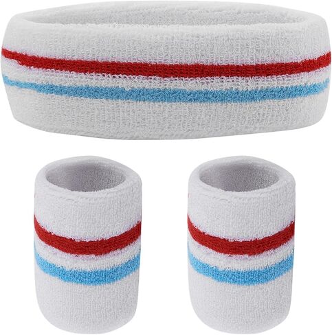 Yolev Striped Sweatband Set Sports Headband Wristband (1 Headband and 2 Wristbands) Set Sweatbands for Athletic Men and Women in Saudi Arabia