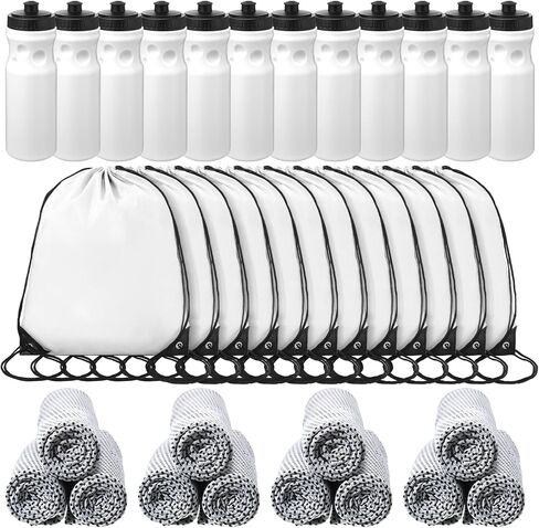 Talltalk 36 Pcs Workout Towels Set, 12 Cooling Towels 40"x12" 12 Squeeze Water Bottles 24 Oz and 12 Drawstring Backpack Bags for Teenagers Football Team Gifts DIY Gym Outdoor Sports Travel, White in Saudi Arabia