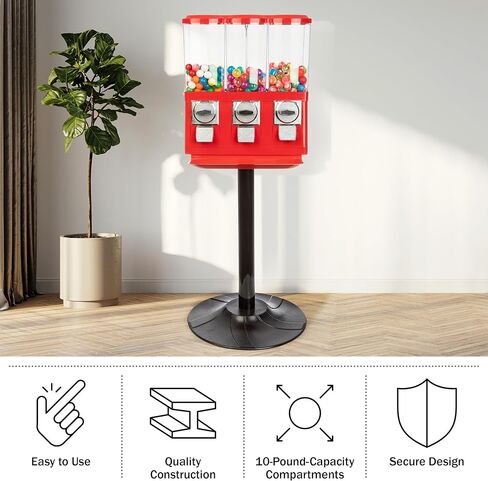 Gumball Machine - Triple Candy Machine Dispenser for Gumballs, Capsules, and Candy - Vending Machines for Business by Great Northern Popcorn (Red) in Saudi Arabia