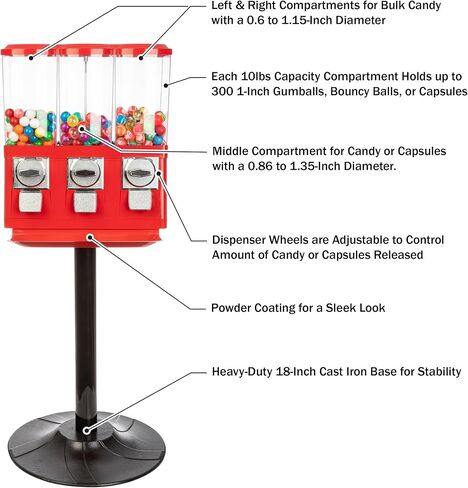 Gumball Machine - Triple Candy Machine Dispenser for Gumballs, Capsules, and Candy - Vending Machines for Business by Great Northern Popcorn (Red) in Saudi Arabia