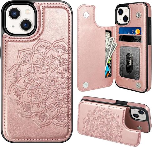 حافظة MMHUO لهاتف iPhone 13 مع حامل بطاقات، حافظة قلابة خلفية مغناطيسية على شكل زهرة لهاتف iPhone 13، حافظة محفظة للنساء، حافظة هاتف واقية لهاتف iPhone 13، ذهبي وردي in Kuwait