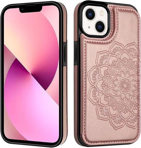 حافظة MMHUO لهاتف iPhone 13 مع حامل بطاقات، حافظة قلابة خلفية مغناطيسية على شكل زهرة لهاتف iPhone 13، حافظة محفظة للنساء، حافظة هاتف واقية لهاتف iPhone 13، ذهبي وردي in Kuwait