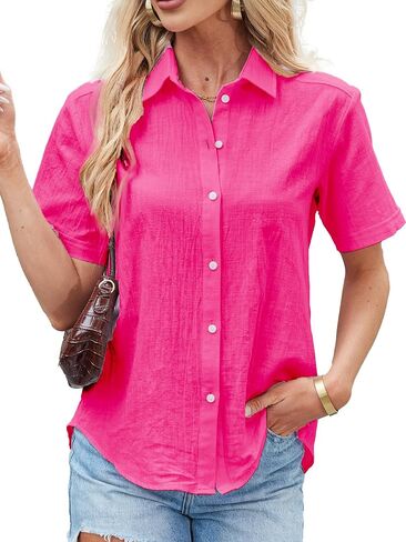 Womens Cotton Linen Button Down Shirts V Neck Short Sleeve Summer Blouses Casual Work Tops in Saudi Arabia