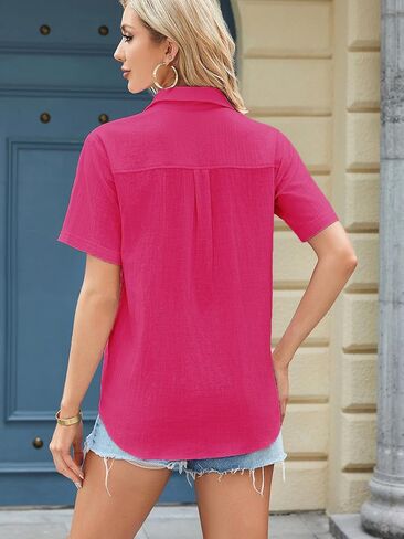 Womens Cotton Linen Button Down Shirts V Neck Short Sleeve Summer Blouses Casual Work Tops in Saudi Arabia