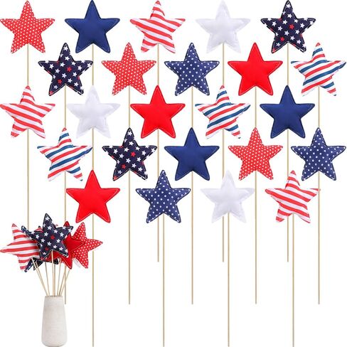 SmoothNovelty 24 Pcs 4th of July Star Picks American Star Red White and Blue Plush Stick Patriotic Floral Picks Table Centerpieces for Memorial Day Independence Day Home Vase Filler Table Decor in Saudi Arabia