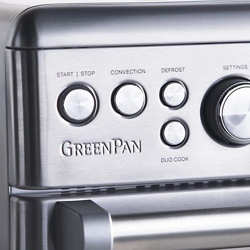 فرن القلي الهوائي من الفولاذ المقاوم للصدأ من GreenPan، 13 إعدادًا مسبقًا سهل الاستخدام، تصميم داخلي غير لاصق خالٍ من PFAS، رفوف قابلة للتعديل، صينية خبز، صينية بيتزا، سلة، صينية فتات الخبز in Kuwait