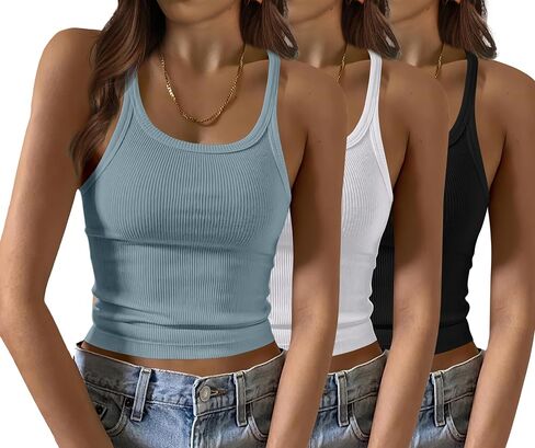 Saloogoe Womens Tank Tops Ribbed Form Fitting Scoop Neck Summer Tops Basic 2 Pack/3 Pack in Saudi Arabia