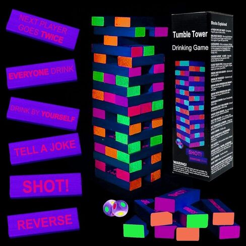 ألعاب الشرب لحفلات البالغين، برج تعثر خفيف أسود - ألعاب شرب متوهجة مناسبة للنهار أو الليل، 54 قطعة مع أوامر شرب مرحة، ألعاب التراص لحفلة البالغين in Kuwait