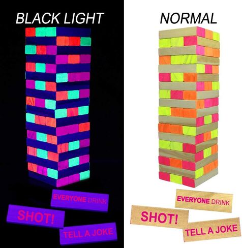 ألعاب الشرب لحفلات البالغين، برج تعثر خفيف أسود - ألعاب شرب متوهجة مناسبة للنهار أو الليل، 54 قطعة مع أوامر شرب مرحة، ألعاب التراص لحفلة البالغين in Kuwait