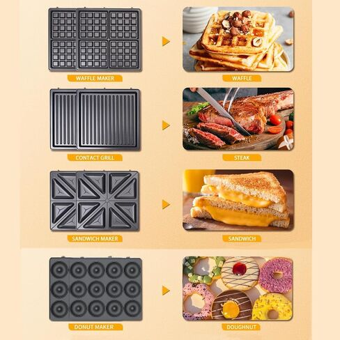 Sandwich Maker 4 in 1,Mini Donut Maker 12 Holes, 4 Slice Waffle Maker 1400W Panini Press Grill with Non-stick Plates, Double-Sided Heating, Indicator Lights, Cool Touch Handle, Easy to Use & Clean in Saudi Arabia