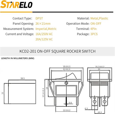 STARELO 3 قطع مفتاح تبديل الروك المربع ON/0FF 2 موضع 4Pin لقارب السيارات AC 250V/16A AC 125/20A مع ضوء LED DPST KCD2-201 (أحمر). in Kuwait