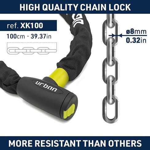 Urban XK100 Bike Chain Lock, Heavy Duty Anti Theft 100cm ø8mm Hardened Steel Chain High Security Lock, More Compact Easier to Carry, Versatile Anti-Theft for Bicycle, Motorcycle or Electric Scooter in Saudi Arabia