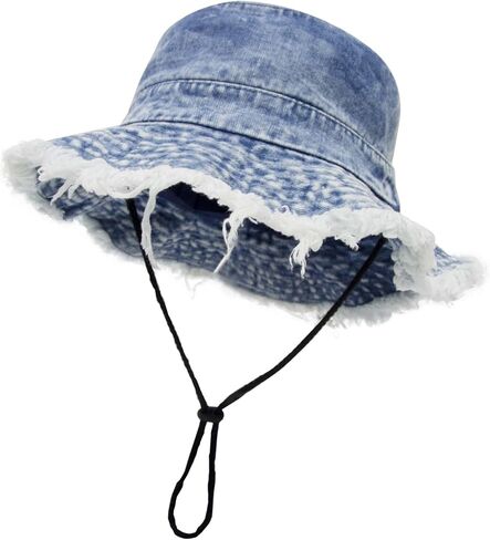 قبعات دلو من الدنيم من YOFARCHOY للنساء، قبعة شمس للاستخدام الخارجي للرجال والنساء، طراز عتيق متعثر، حافة واسعة متوترة in Kuwait