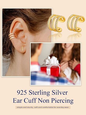 Suplight 925 Sterling Silver Ear Cuff Earrings for Women 22k Gold/White Gold/Black Plated Ear Cuffs Non Piercing, Hypoallergenic Cz Huggie Clip On Cartilage Earring Dainty Jewelry for Women Girls in Saudi Arabia