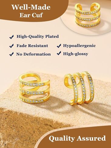 Suplight 925 Sterling Silver Ear Cuff Earrings for Women 22k Gold/White Gold/Black Plated Ear Cuffs Non Piercing, Hypoallergenic Cz Huggie Clip On Cartilage Earring Dainty Jewelry for Women Girls in Saudi Arabia