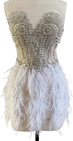 Zbroh Beautiful Ostrich fur decoration large full bodice applique pure handsewing rhinestones beads lace trim patches in Saudi Arabia