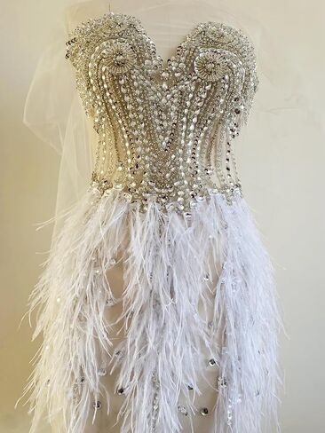 Zbroh Beautiful Ostrich fur decoration large full bodice applique pure handsewing rhinestones beads lace trim patches in Saudi Arabia