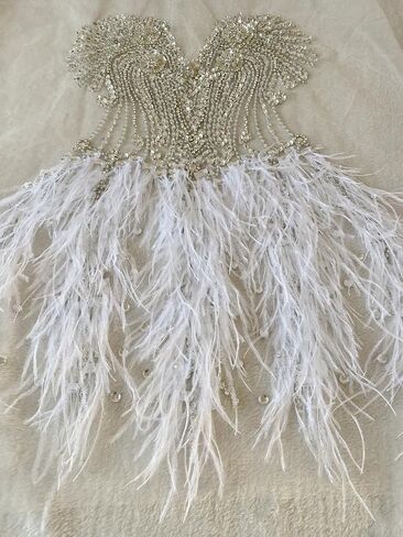 Zbroh Beautiful Ostrich fur decoration large full bodice applique pure handsewing rhinestones beads lace trim patches in Saudi Arabia
