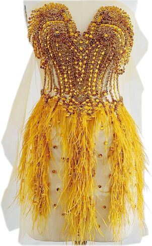 Zbroh Beautiful Ostrich fur decoration large full bodice applique pure handsewing rhinestones beads lace trim patches in Saudi Arabia