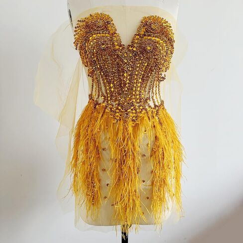 Zbroh Beautiful Ostrich fur decoration large full bodice applique pure handsewing rhinestones beads lace trim patches in Saudi Arabia