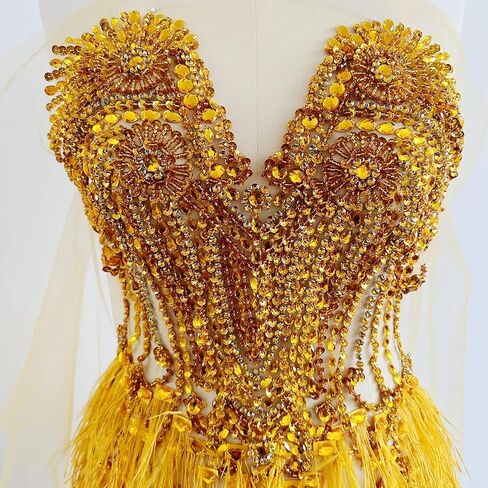 Zbroh Beautiful Ostrich fur decoration large full bodice applique pure handsewing rhinestones beads lace trim patches in Saudi Arabia