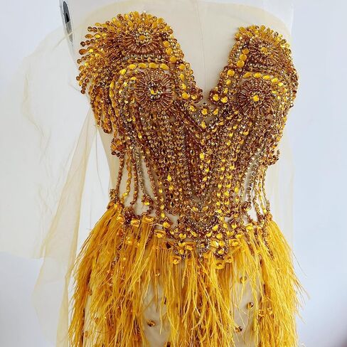 Zbroh Beautiful Ostrich fur decoration large full bodice applique pure handsewing rhinestones beads lace trim patches in Saudi Arabia