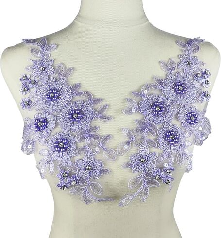 1 PC White Lace Beaded Sequins Flower Applique Sew on Embroidered Lace Patch Applique Decor for Clothing Wedding Dress Decoration DIY Sewing Craft 13.4"x 9.4"Inch in Kuwait