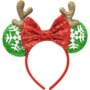 Christmas Headband with Antlers - Glitter Mouse Ear Holiday Headband for Women Girls, One Size for Kids & Adults, Cute Xmas Photo Prop Party Favor (Red Ears) in Saudi Arabia