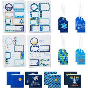 Hallmark Tree of Life Hanukkah Gift Tags with Ribbon, Sticker Seals, and Mini Notecards (Star of David, Menorah, Dreidel, Blue, Gold, Orange) for Gift Bags and Wrapped Presents in Saudi Arabia
