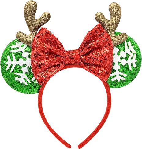 Christmas Headband with Antlers - Glitter Mouse Ear Holiday Headband for Women Girls, One Size for Kids & Adults, Cute Xmas Photo Prop Party Favor (Red Ears) in Saudi Arabia