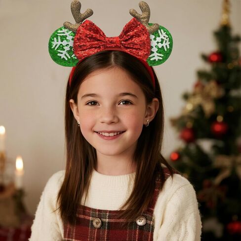 Christmas Headband with Antlers - Glitter Mouse Ear Holiday Headband for Women Girls, One Size for Kids & Adults, Cute Xmas Photo Prop Party Favor (Red Ears) in Saudi Arabia