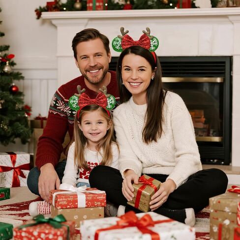 Christmas Headband with Antlers - Glitter Mouse Ear Holiday Headband for Women Girls, One Size for Kids & Adults, Cute Xmas Photo Prop Party Favor (Red Ears) in Saudi Arabia