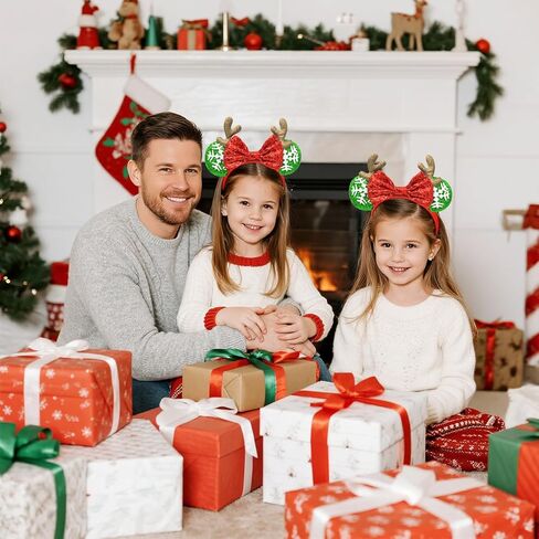 Christmas Headband with Antlers - Glitter Mouse Ear Holiday Headband for Women Girls, One Size for Kids & Adults, Cute Xmas Photo Prop Party Favor (Red Ears) in Saudi Arabia