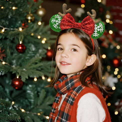 Christmas Headband with Antlers - Glitter Mouse Ear Holiday Headband for Women Girls, One Size for Kids & Adults, Cute Xmas Photo Prop Party Favor (Red Ears) in Saudi Arabia