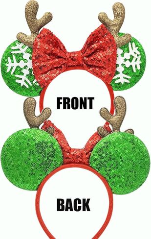 Christmas Headband with Antlers - Glitter Mouse Ear Holiday Headband for Women Girls, One Size for Kids & Adults, Cute Xmas Photo Prop Party Favor (Red Ears) in Saudi Arabia