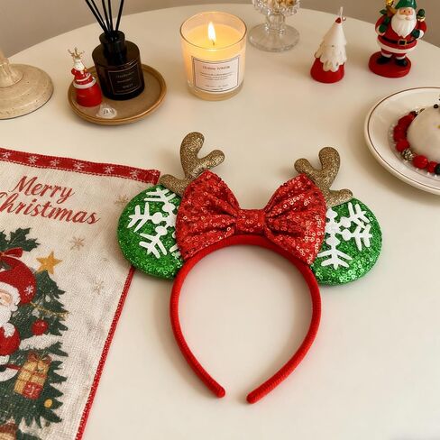 Christmas Headband with Antlers - Glitter Mouse Ear Holiday Headband for Women Girls, One Size for Kids & Adults, Cute Xmas Photo Prop Party Favor (Red Ears) in Saudi Arabia