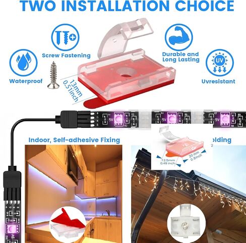 100PCS Mounting Clips for LED Strip Lights with Self-Adhesive Tape + Screws-Light Clips, Ideal Mounting Brackets for 0.47inch/12mm Both Indoor Strip Light and Outdoor Waterproof Light Strips in Saudi Arabia