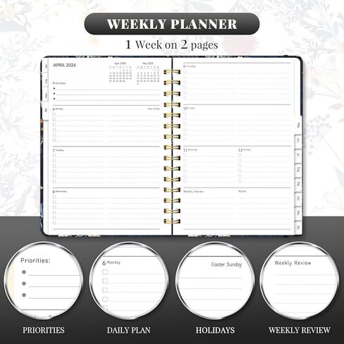 مخطط 2026، مخططات أسبوعية وشهرية مقاس A5 مع علامات تبويب، تقويم يومي حلزوني 2026 مخطط، منظمو جدول الأعمال من يناير إلى ديسمبر، مجلة تعقب العادات ذات الغلاف الصلب 6.18 بوصة × 8.5 بوصة (ذهبي أسود) in Kuwait