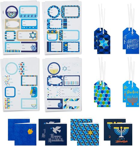 Hallmark Tree of Life Hanukkah Gift Tags with Ribbon, Sticker Seals, and Mini Notecards (Star of David, Menorah, Dreidel, Blue, Gold, Orange) for Gift Bags and Wrapped Presents in Saudi Arabia