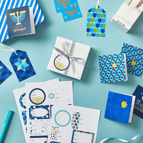 Hallmark Tree of Life Hanukkah Gift Tags with Ribbon, Sticker Seals, and Mini Notecards (Star of David, Menorah, Dreidel, Blue, Gold, Orange) for Gift Bags and Wrapped Presents in Saudi Arabia