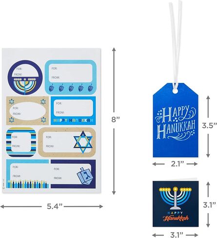 Hallmark Tree of Life Hanukkah Gift Tags with Ribbon, Sticker Seals, and Mini Notecards (Star of David, Menorah, Dreidel, Blue, Gold, Orange) for Gift Bags and Wrapped Presents in Saudi Arabia