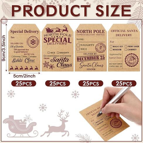Kosiz from Santa Gift Tag Stickers 100 Pcs Vintage Christmas Kraft Gift Labels 4 Styles from North Pole Stickers for Xmas Holiday Present Wrapping Paper Party Decorations, 3.5 x 2 Inch in Saudi Arabia