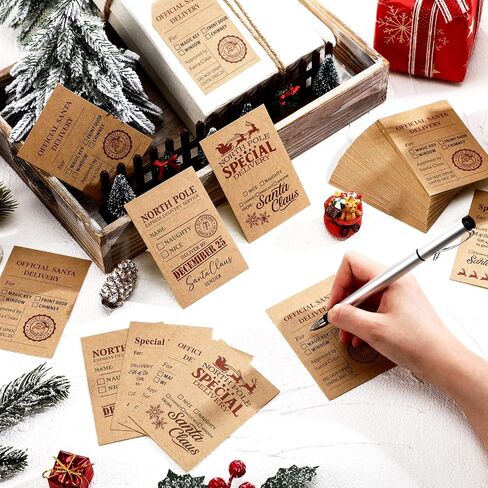 Kosiz from Santa Gift Tag Stickers 100 Pcs Vintage Christmas Kraft Gift Labels 4 Styles from North Pole Stickers for Xmas Holiday Present Wrapping Paper Party Decorations, 3.5 x 2 Inch in Saudi Arabia