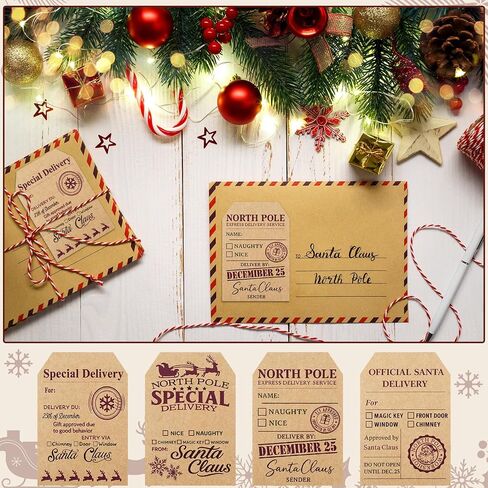 Kosiz from Santa Gift Tag Stickers 100 Pcs Vintage Christmas Kraft Gift Labels 4 Styles from North Pole Stickers for Xmas Holiday Present Wrapping Paper Party Decorations, 3.5 x 2 Inch in Saudi Arabia