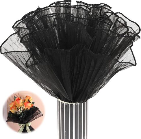 Black Flower Wrapping Mesh Paper 4 Yards Bouquet Ruffle Yarn Korean Style Wrinkle Wrapping Paper White Floral Papers Flower Bouquet Florist Supplies for Valentines Wedding DIY Crafts in Saudi Arabia